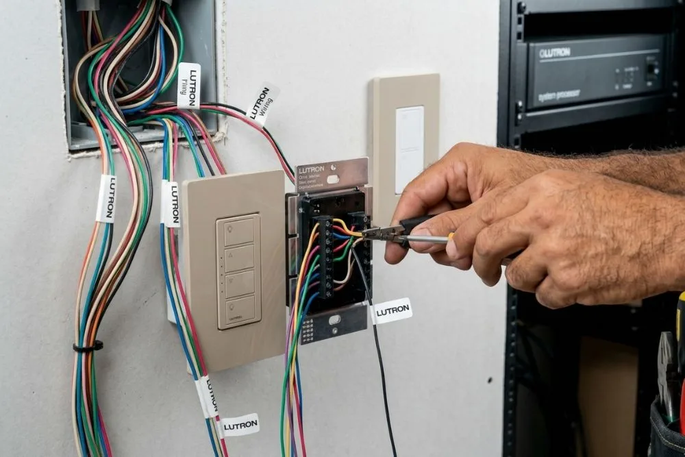 Sonoma Sun Electric wiring a Lutron keypad in a Sonoma County home