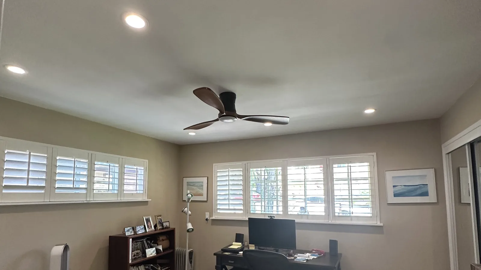 Ceiling fan and recessed downlights installed in a Sonoma County home office