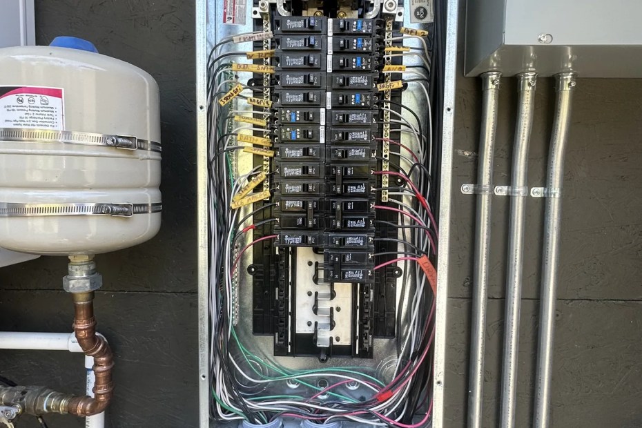 Open electrical panel with neatly dressed circuit wiring in a Sonoma County home