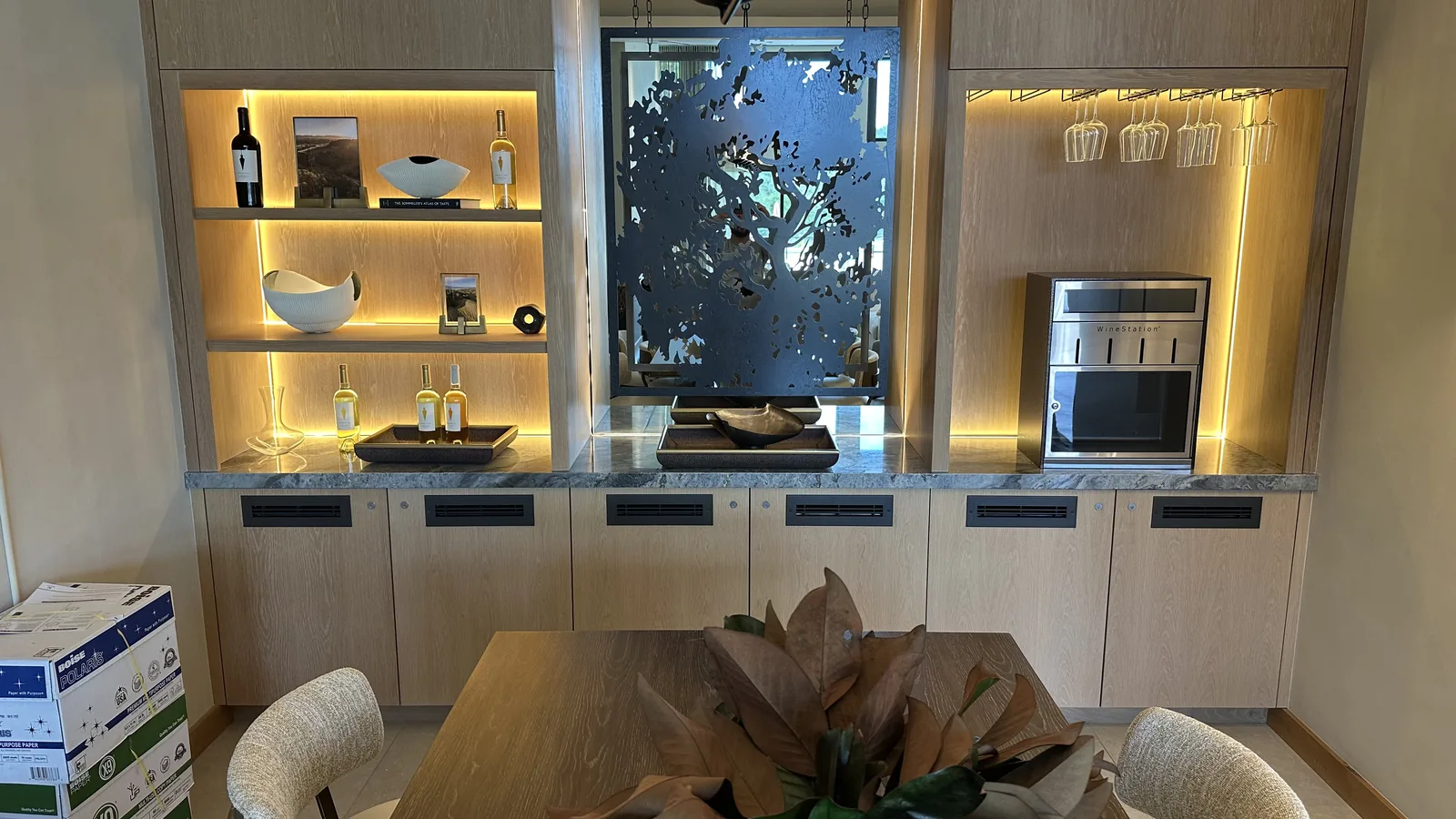 Lit display niches and shelving in a butler's pantry bar in Sonoma County, CA