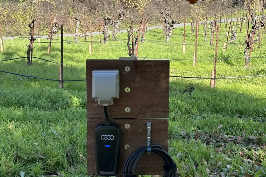 Audi EV charger mounted on a post beside a vineyard in Sonoma County, CA